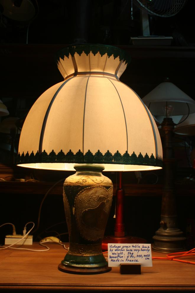 Vintage green table lamp by wooden base very heavy 